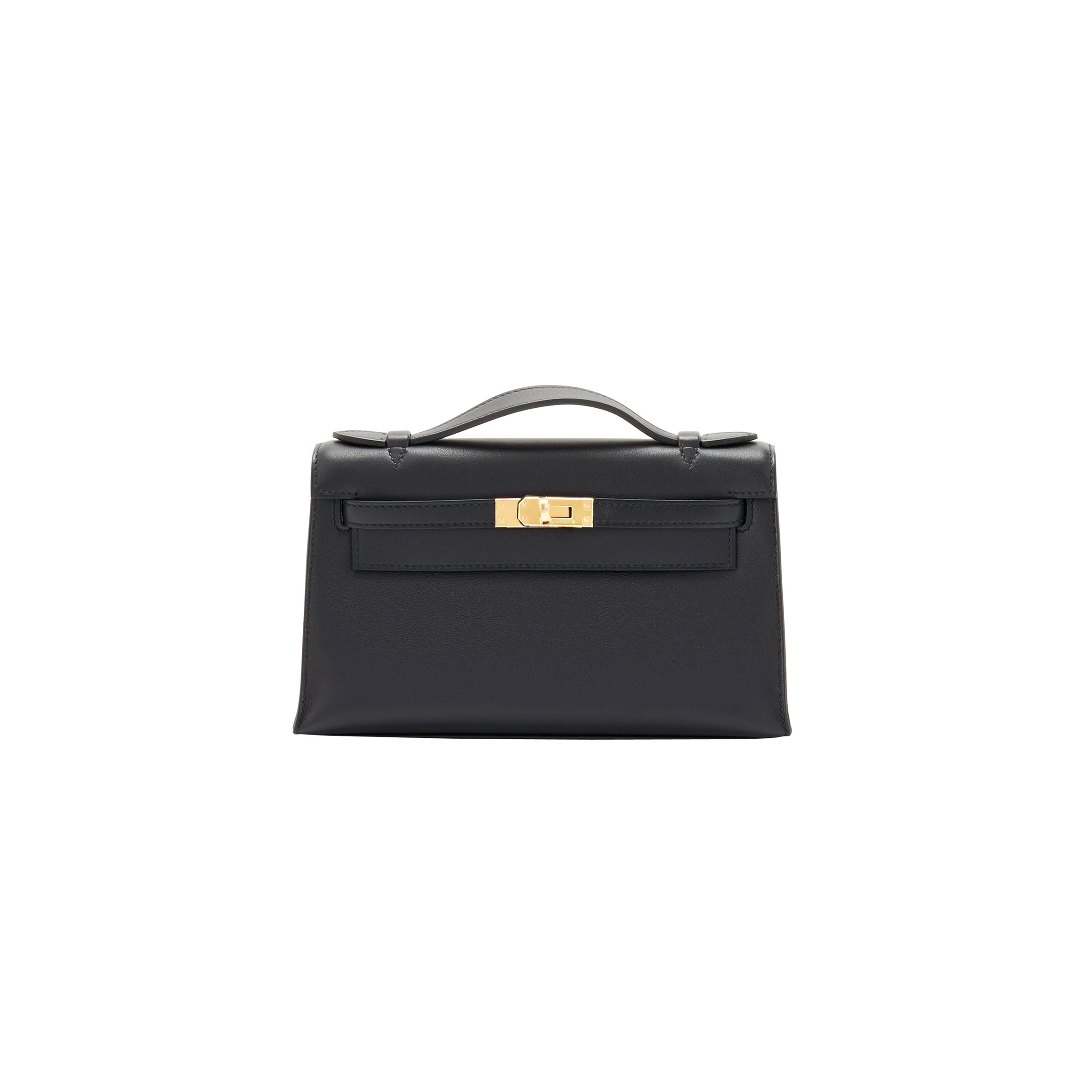 HERMÈS KELLY POCHETTE BLACK GOLD HARDWARE CLUTCH CUT BAG SWIFT (22*14*7cm) 